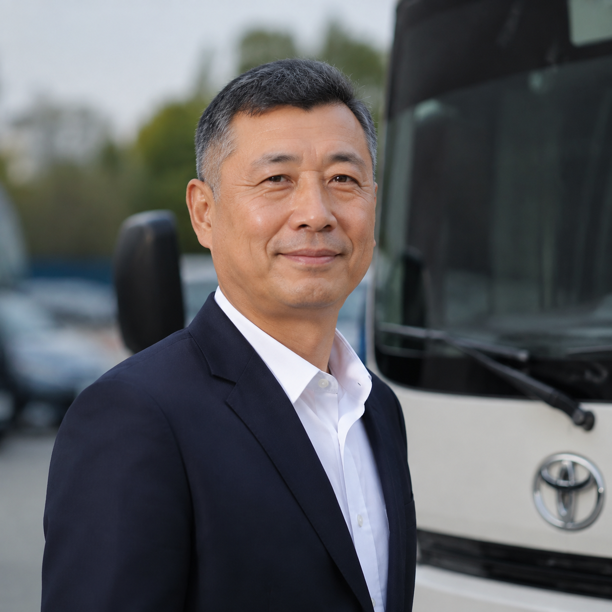 司机李建军师傅的证件照，着深色工装